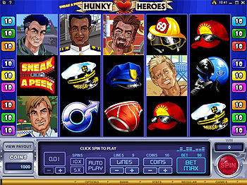 The Video Slot 'Sneak a Peek' Hunky Heroes puts feminine fancies front of mind. The theme is all about tall, dark, handsome, lean and mean muscle machines.
