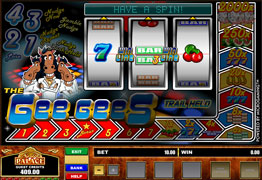 The Gee Gees is a three reel, one payline, and one coin slot machine.  You can win up to 2000x multiplier and additional prizes with the Disco Dancefloor Bonus Game. 